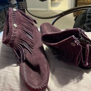 Purple suede fringe moccasin bootie